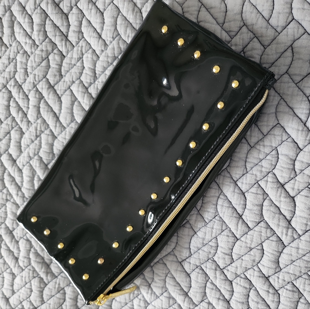 Estee Lauder Evening Black faux Patent Leather Gold Studded Zipper Clutch NWOT